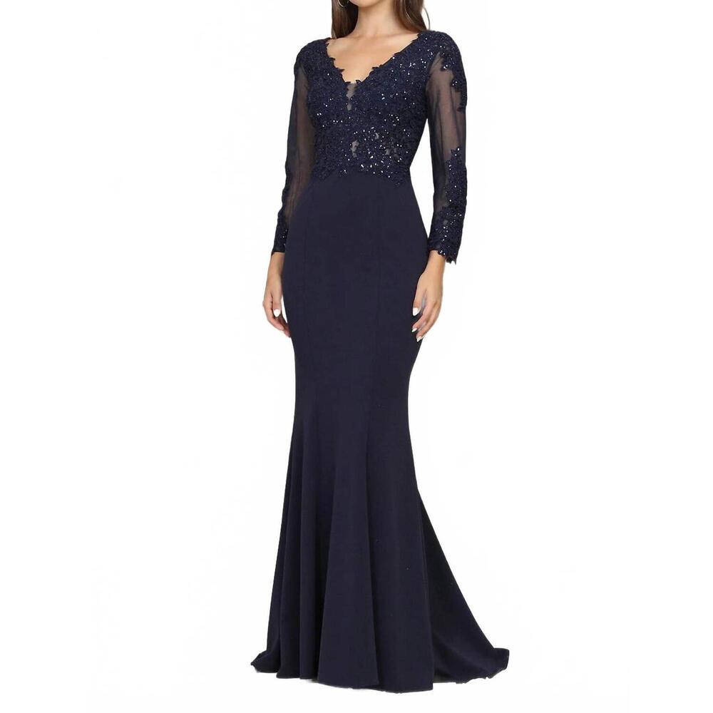 NEW ADORA DESIGN long sleeve lace applique fitted formal gown in navy